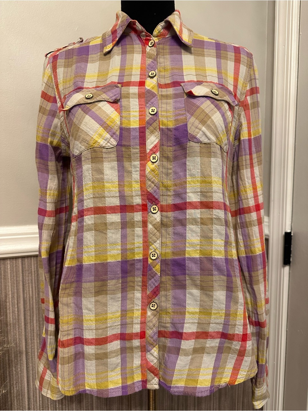 Anthropologie Plaid Button Down Shirt US 2 Purple Yellow Utility Western